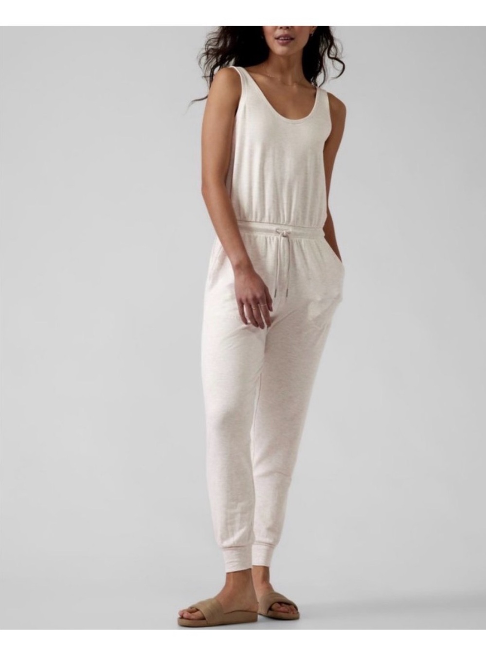 Everyday Cream Ribbed Jumpsuit with Drawstring Waist - Picture 3 of 5